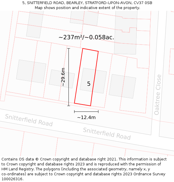 5, SNITTERFIELD ROAD, BEARLEY, STRATFORD-UPON-AVON, CV37 0SB: Plot and title map