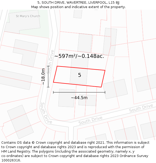 5, SOUTH DRIVE, WAVERTREE, LIVERPOOL, L15 8JJ: Plot and title map