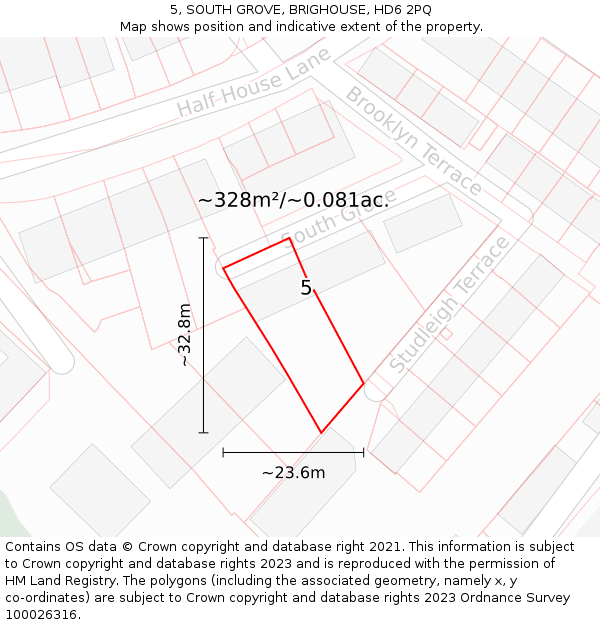 5, SOUTH GROVE, BRIGHOUSE, HD6 2PQ: Plot and title map