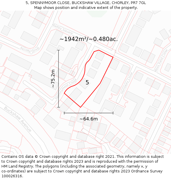 5, SPENNYMOOR CLOSE, BUCKSHAW VILLAGE, CHORLEY, PR7 7GL: Plot and title map