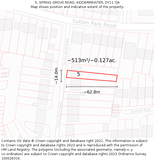 5, SPRING GROVE ROAD, KIDDERMINSTER, DY11 7JA: Plot and title map