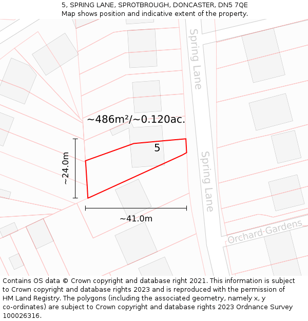 5, SPRING LANE, SPROTBROUGH, DONCASTER, DN5 7QE: Plot and title map