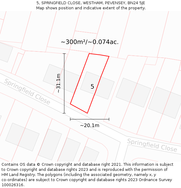 5, SPRINGFIELD CLOSE, WESTHAM, PEVENSEY, BN24 5JE: Plot and title map