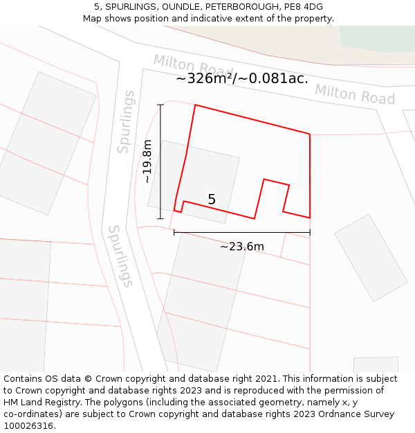 5, SPURLINGS, OUNDLE, PETERBOROUGH, PE8 4DG: Plot and title map