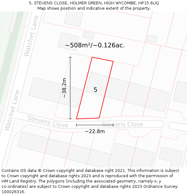 5, STEVENS CLOSE, HOLMER GREEN, HIGH WYCOMBE, HP15 6UQ: Plot and title map