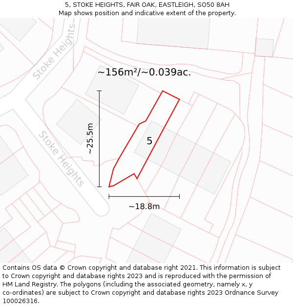 5, STOKE HEIGHTS, FAIR OAK, EASTLEIGH, SO50 8AH: Plot and title map