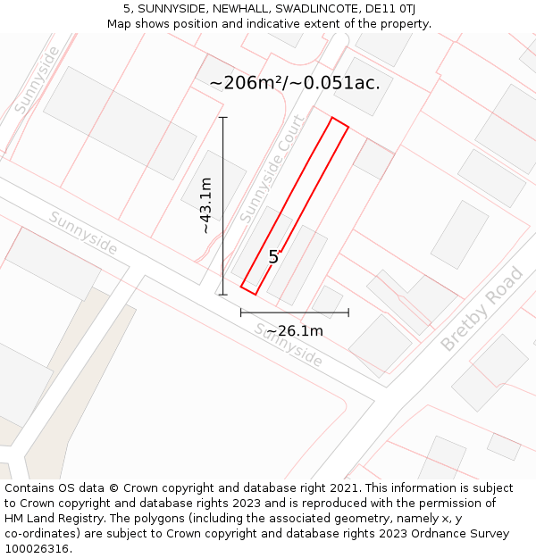 5, SUNNYSIDE, NEWHALL, SWADLINCOTE, DE11 0TJ: Plot and title map