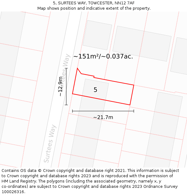 5, SURTEES WAY, TOWCESTER, NN12 7AF: Plot and title map