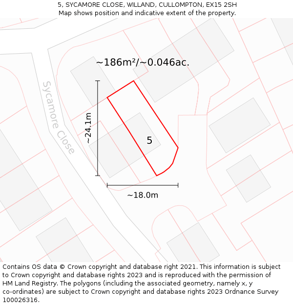 5, SYCAMORE CLOSE, WILLAND, CULLOMPTON, EX15 2SH: Plot and title map