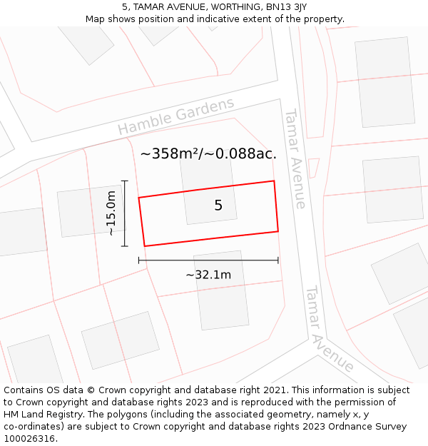 5, TAMAR AVENUE, WORTHING, BN13 3JY: Plot and title map