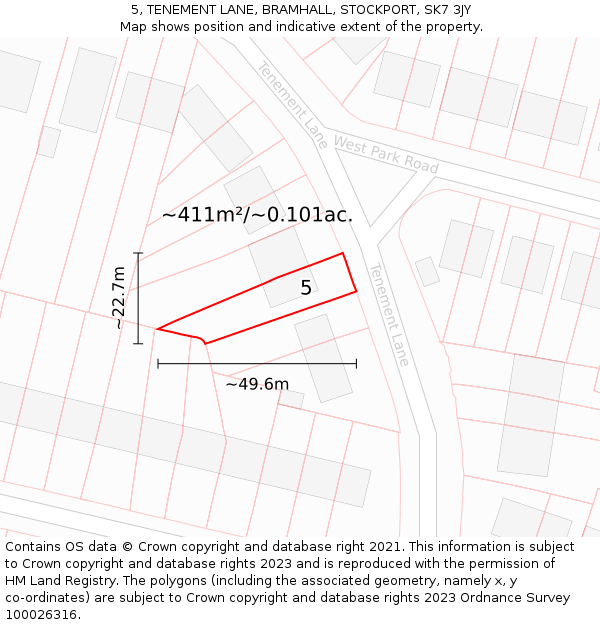 5, TENEMENT LANE, BRAMHALL, STOCKPORT, SK7 3JY: Plot and title map