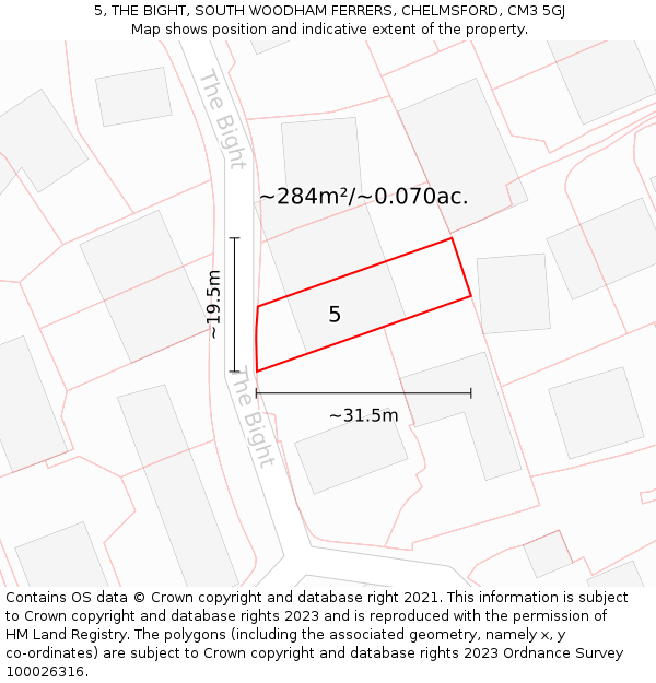 5, THE BIGHT, SOUTH WOODHAM FERRERS, CHELMSFORD, CM3 5GJ: Plot and title map