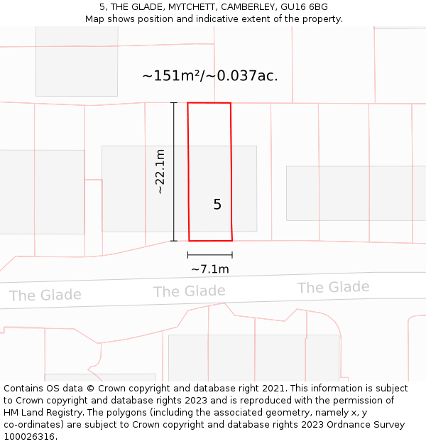 5, THE GLADE, MYTCHETT, CAMBERLEY, GU16 6BG: Plot and title map