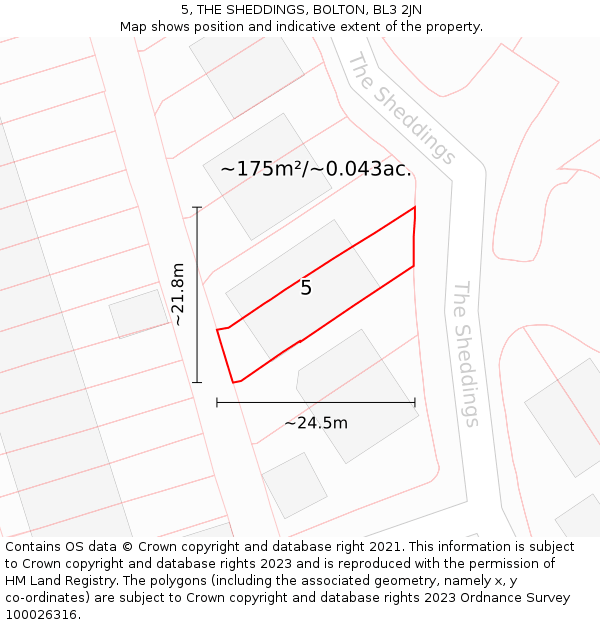 5, THE SHEDDINGS, BOLTON, BL3 2JN: Plot and title map