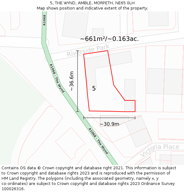 5, THE WYND, AMBLE, MORPETH, NE65 0LH: Plot and title map