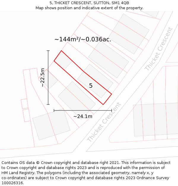 5, THICKET CRESCENT, SUTTON, SM1 4QB: Plot and title map