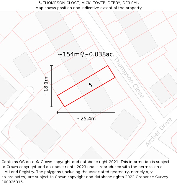 5, THOMPSON CLOSE, MICKLEOVER, DERBY, DE3 0AU: Plot and title map