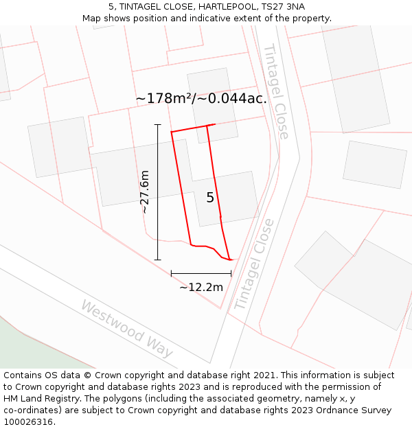 5, TINTAGEL CLOSE, HARTLEPOOL, TS27 3NA: Plot and title map