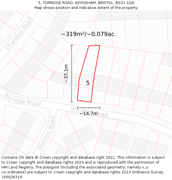 5, TORRIDGE ROAD, KEYNSHAM, BRISTOL, BS31 1QG: Plot and title map