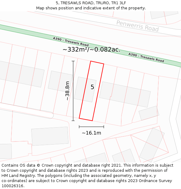 5, TRESAWLS ROAD, TRURO, TR1 3LF: Plot and title map