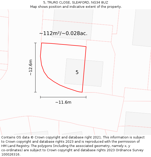 5, TRURO CLOSE, SLEAFORD, NG34 8UZ: Plot and title map