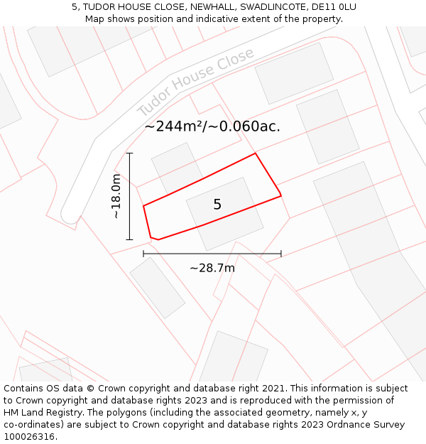 5, TUDOR HOUSE CLOSE, NEWHALL, SWADLINCOTE, DE11 0LU: Plot and title map