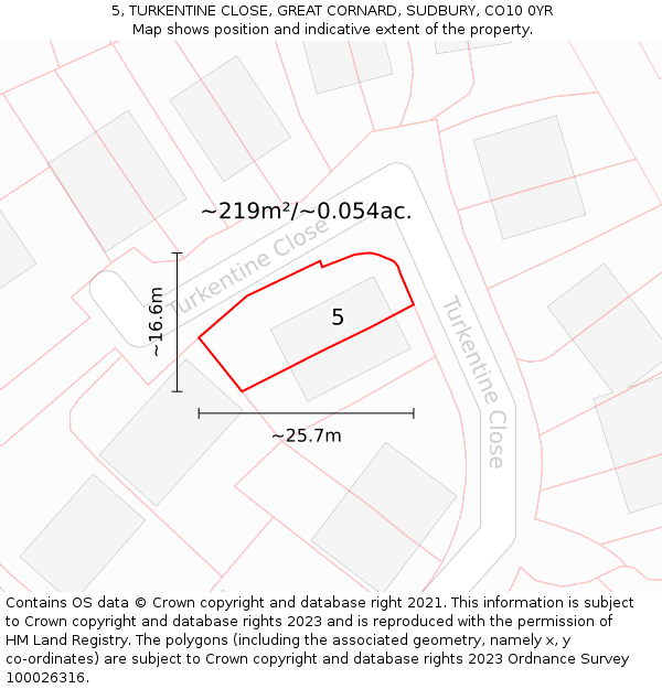 5, TURKENTINE CLOSE, GREAT CORNARD, SUDBURY, CO10 0YR: Plot and title map