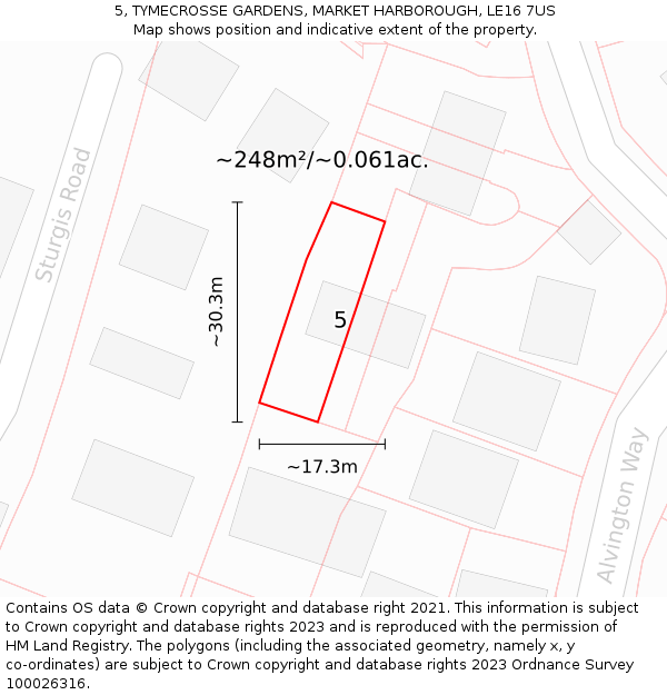 5, TYMECROSSE GARDENS, MARKET HARBOROUGH, LE16 7US: Plot and title map