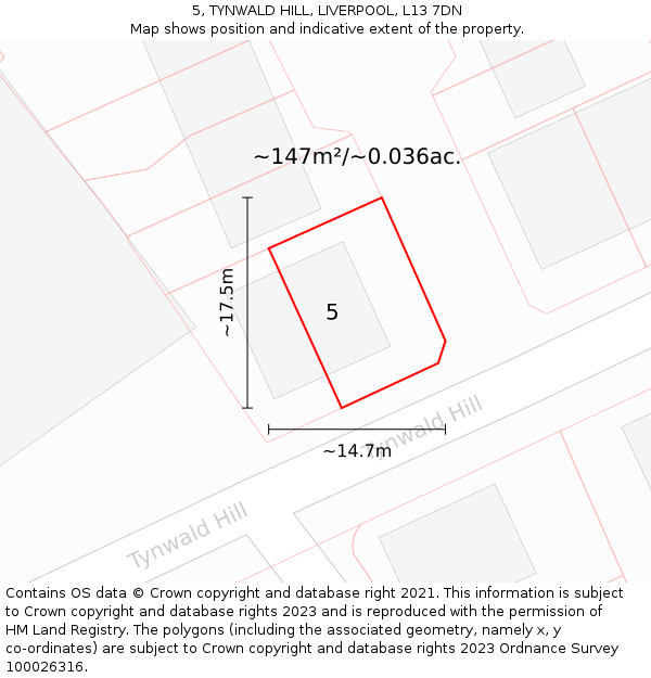 5, TYNWALD HILL, LIVERPOOL, L13 7DN: Plot and title map