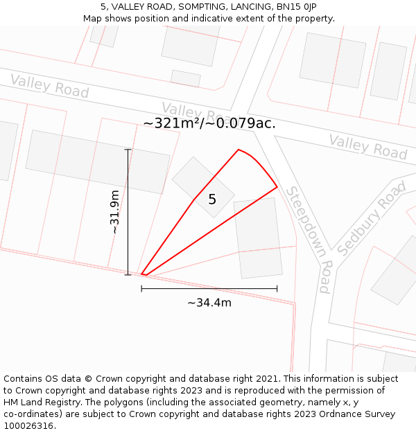 5, VALLEY ROAD, SOMPTING, LANCING, BN15 0JP: Plot and title map