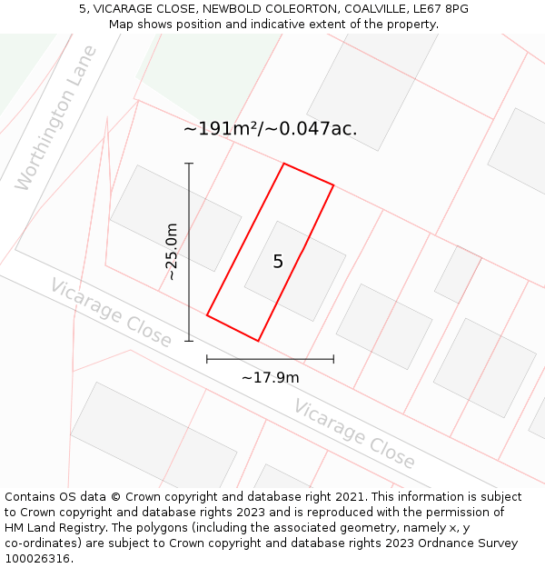 5, VICARAGE CLOSE, NEWBOLD COLEORTON, COALVILLE, LE67 8PG: Plot and title map