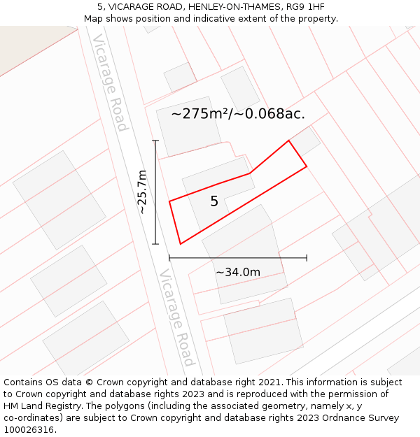 5, VICARAGE ROAD, HENLEY-ON-THAMES, RG9 1HF: Plot and title map