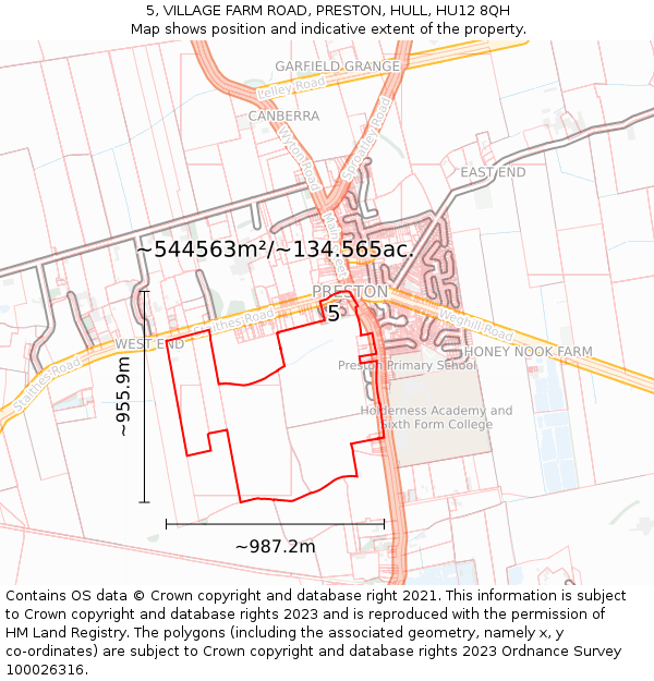 5, VILLAGE FARM ROAD, PRESTON, HULL, HU12 8QH: Plot and title map