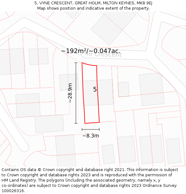 5, VYNE CRESCENT, GREAT HOLM, MILTON KEYNES, MK8 9EJ: Plot and title map