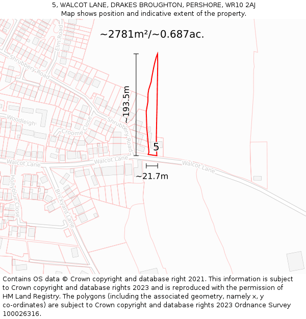 5, WALCOT LANE, DRAKES BROUGHTON, PERSHORE, WR10 2AJ: Plot and title map