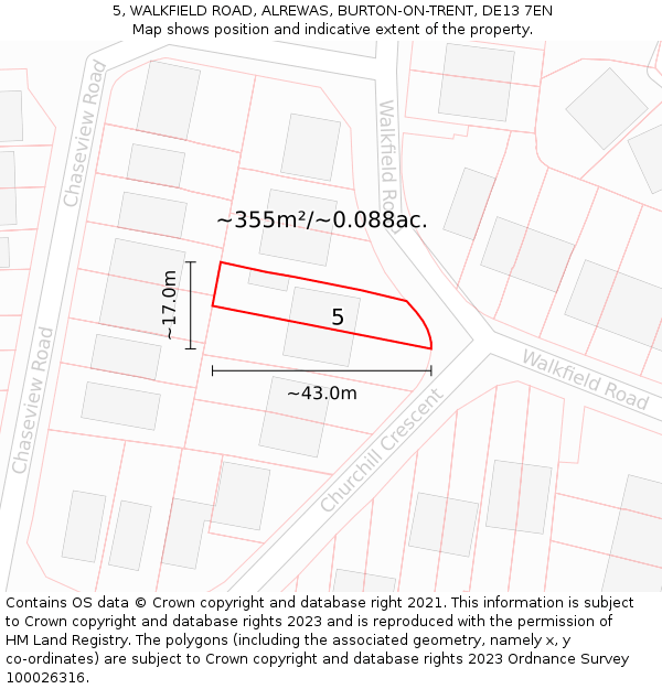 5, WALKFIELD ROAD, ALREWAS, BURTON-ON-TRENT, DE13 7EN: Plot and title map