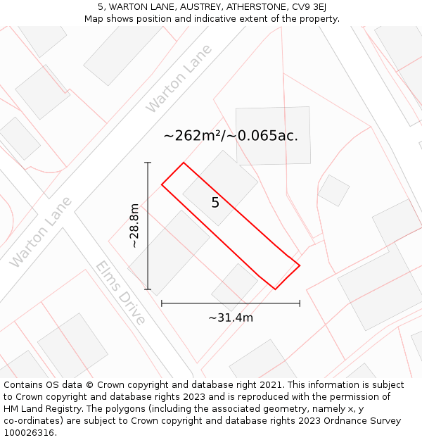 5, WARTON LANE, AUSTREY, ATHERSTONE, CV9 3EJ: Plot and title map