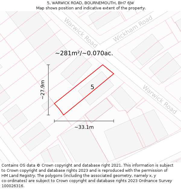 5, WARWICK ROAD, BOURNEMOUTH, BH7 6JW: Plot and title map