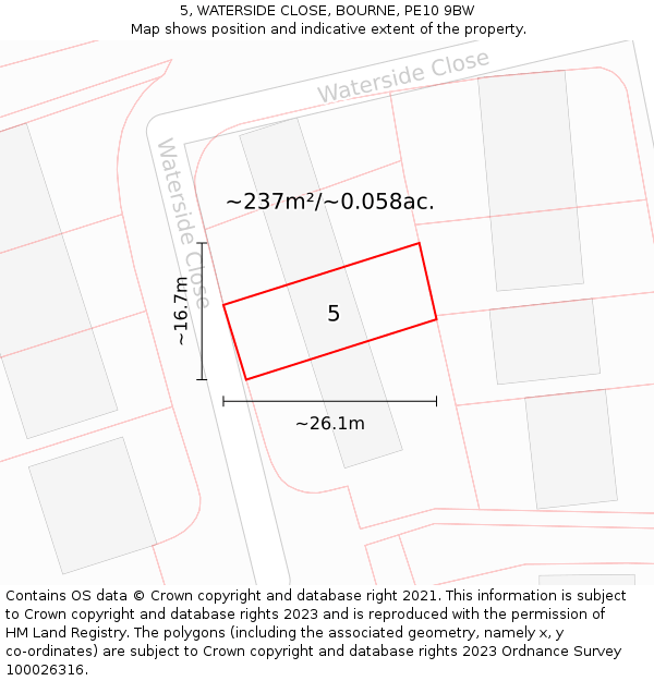 5, WATERSIDE CLOSE, BOURNE, PE10 9BW: Plot and title map