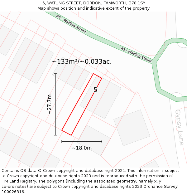 5, WATLING STREET, DORDON, TAMWORTH, B78 1SY: Plot and title map