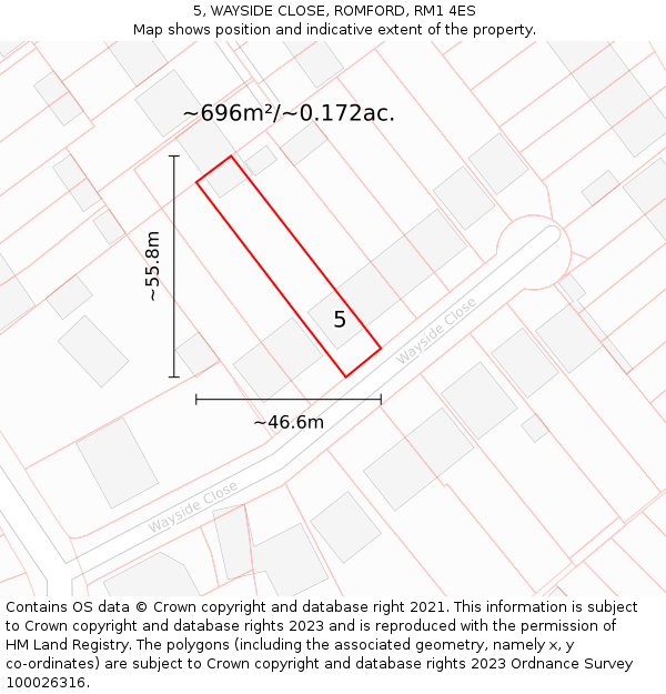 5, WAYSIDE CLOSE, ROMFORD, RM1 4ES: Plot and title map