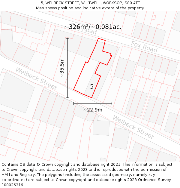 5, WELBECK STREET, WHITWELL, WORKSOP, S80 4TE: Plot and title map