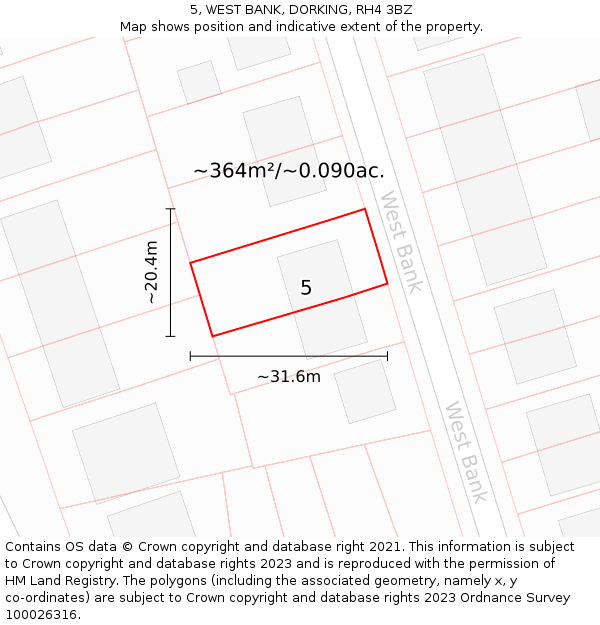 5, WEST BANK, DORKING, RH4 3BZ: Plot and title map