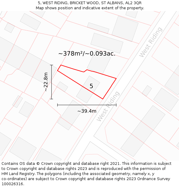 5, WEST RIDING, BRICKET WOOD, ST ALBANS, AL2 3QR: Plot and title map