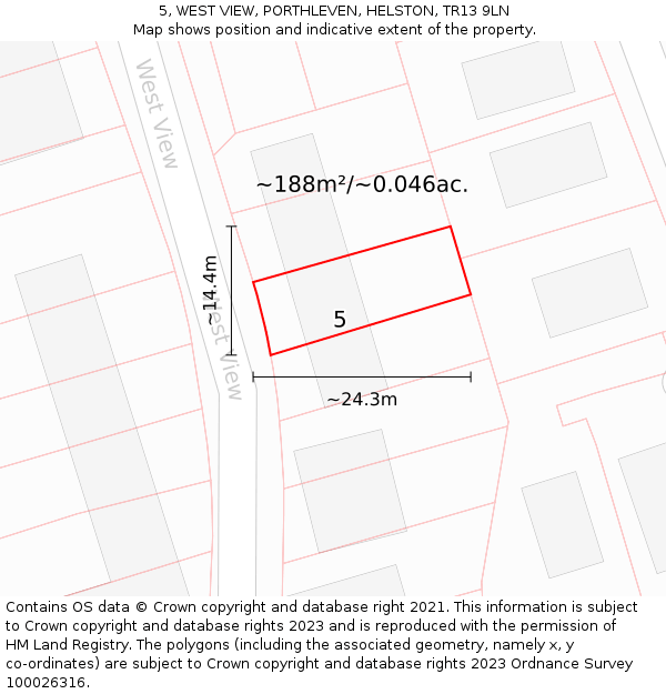 5, WEST VIEW, PORTHLEVEN, HELSTON, TR13 9LN: Plot and title map