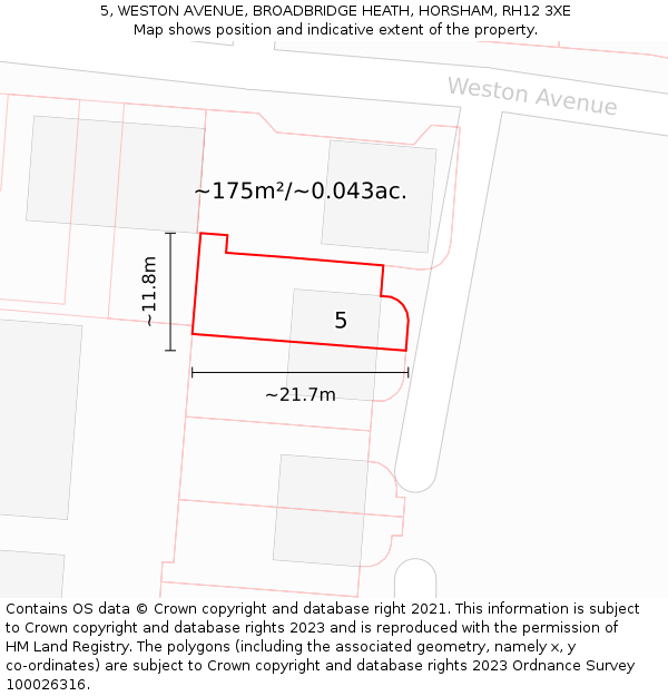 5, WESTON AVENUE, BROADBRIDGE HEATH, HORSHAM, RH12 3XE: Plot and title map