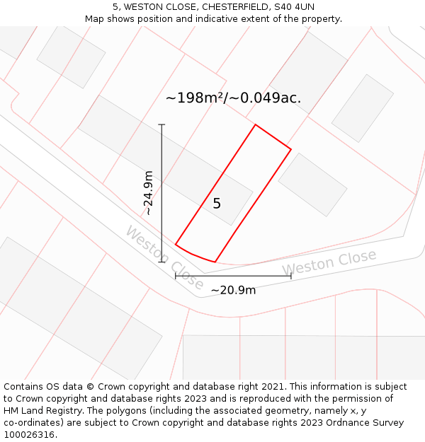 5, WESTON CLOSE, CHESTERFIELD, S40 4UN: Plot and title map