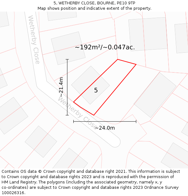 5, WETHERBY CLOSE, BOURNE, PE10 9TP: Plot and title map