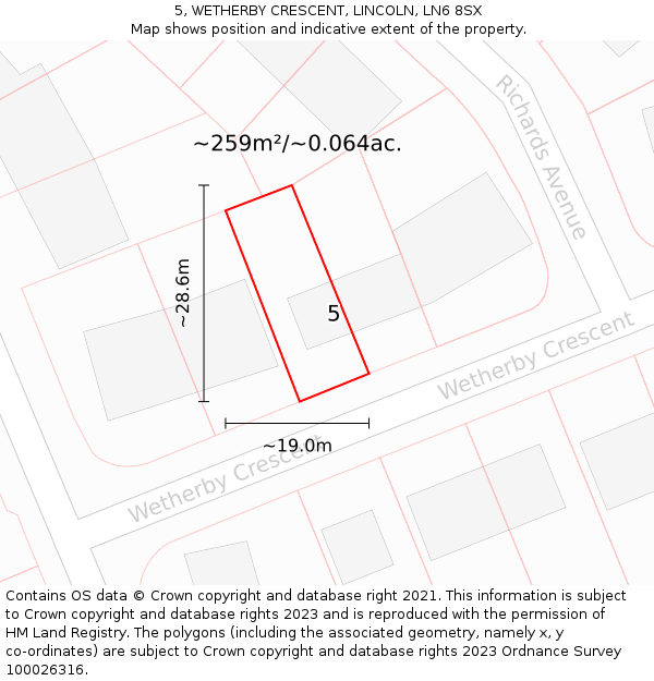 5, WETHERBY CRESCENT, LINCOLN, LN6 8SX: Plot and title map