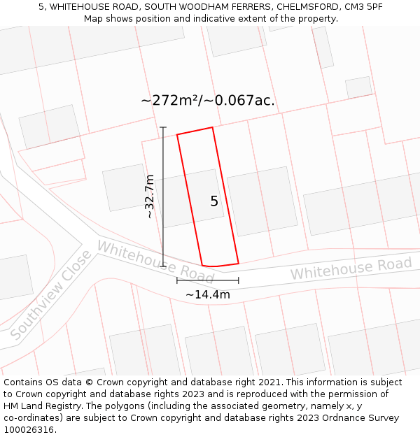 5, WHITEHOUSE ROAD, SOUTH WOODHAM FERRERS, CHELMSFORD, CM3 5PF: Plot and title map